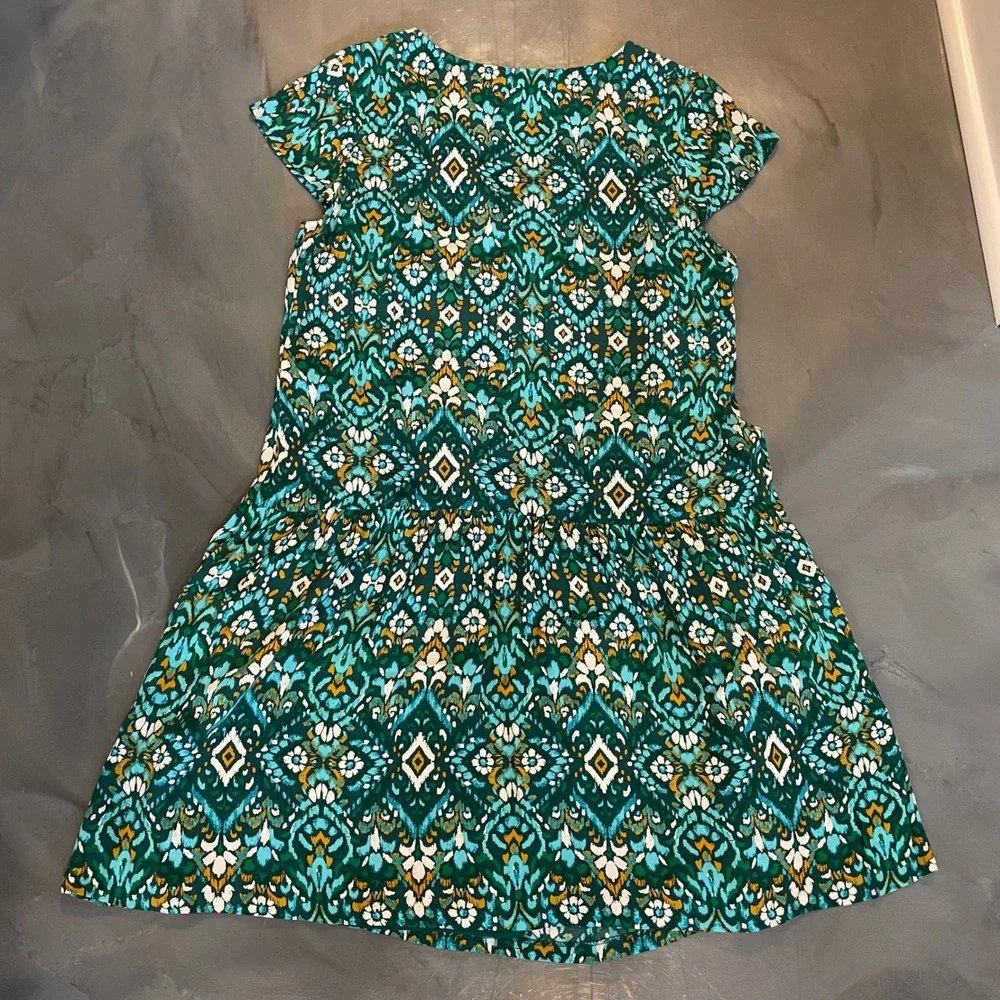 Garnet Hill Green Ikat Geometric V-Neck Drop Waist Tiered Dress Pockets Size 12 - Picture 8 of 9